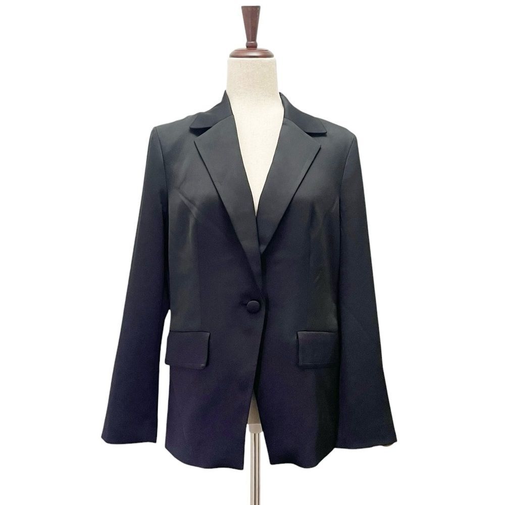 Chico’s Black Label Matte Black Satin Single Button Tuxedo Blazer Women’s Size 8 - Picture 2 of 13
